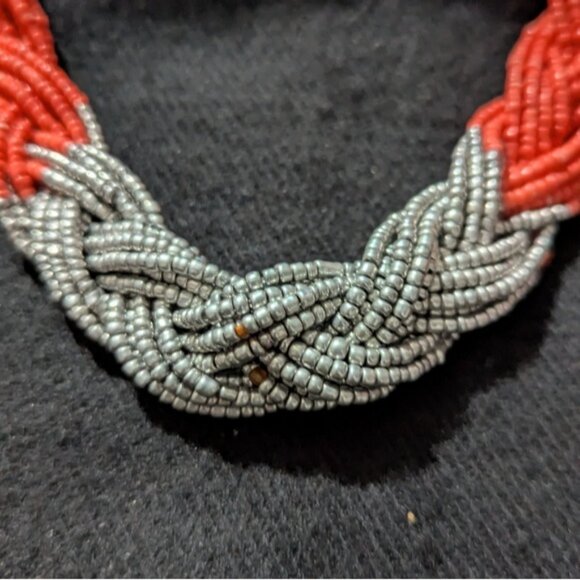 Silver Tone Orange Coral Braided Beaded Statement Necklace - Picture 2 of 6